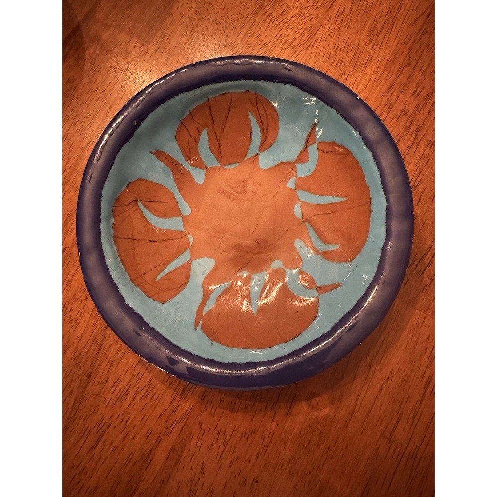 Abstract Pattern Round Pottery Dish Blue Orange Glossy Glaze Artist Signed
